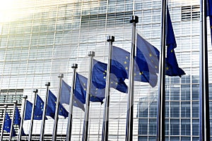 EU flags in front of European Commission in Brussels