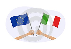 EU and Italy flags. Italian and European Union symbols. Hand holding waving flag. Vector illustration