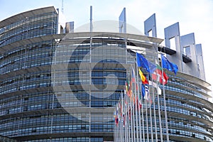 EU members flags in front of the European Parliament Building in Strasbourg