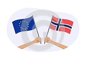 EU and Norway flags. Norwegian and European Union symbols. Hand holding waving flag. Vector illustration