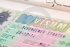 EU Schengen zone visa in passport - close up shot