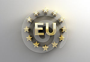 EU sign with stars - gold 3D quality render on the wall background with soft shadow.