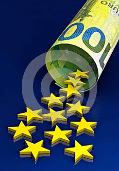 EU stars slide through 100 Euro note, portrait format
