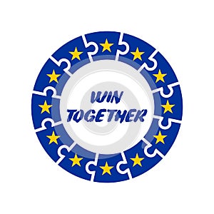 EU unity concept.  EU flag in the form of a puzzle with the text Win Together.  Puzzle of twelve pieces. Stock vector.