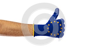 EU victory concept. Thumb up, European Union flag glove isolated on white background, cut out