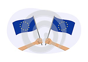 EU waving flag icon or badge. Hand holding European union flags. Europe symbol. Vector