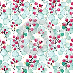 Eucalyptus and berries watercolor seamless pattern design