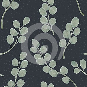 Eucalyptus branch with leaves vector hand drawn seamless pattern. Watercolor imitation. Background with eucalyptus on dark grey. B