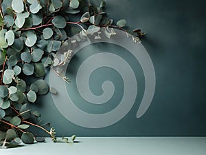 Eucalyptus branches on green background.