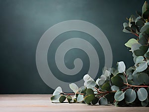 Eucalyptus branches with leaves on wooden table, space for text