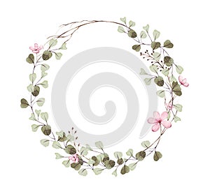 Eucalyptus branches, pink flowers design round frame. Rustic wedding greenery. Green, pink wreath. Hand drawn watercolor style sav photo