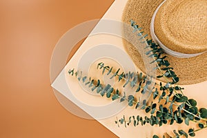 Eucalyptus branches, straw hat on brown background. Trendy fashion accessories. Flat lay, close up. Summer, vacation, holidays