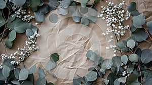 Eucalyptus branches and white berries placed atop aged kraft paper