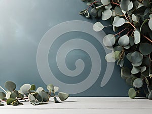 Eucalyptus branches on wooden table against dark blue