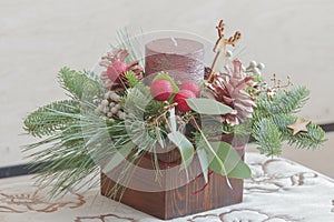 Eucalyptus Christmas floral decoration in wooden container