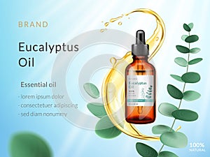 Eucalyptus essential oil ads. Cosmetic product. Liquid splash with branch and eucalyptus leaves isolated on blue sky