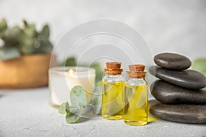 Eucalyptus essential oil in a glass bottle with green eucalyptus leaves