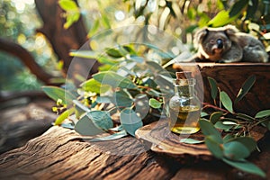 Eucalyptus Essential Oil in a small glass bottle and Eucalyptus Leaves on wooden surface with blurred Koala background