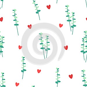Eucalyptus and hearts vector seamless pattern design