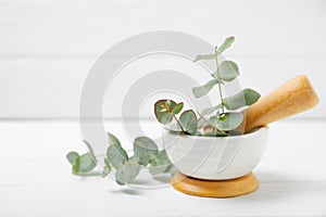 Eucalyptus leaves and mortar on a wooden background