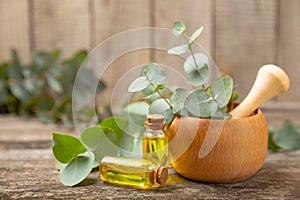 Eucalyptus leaves and mortar on a wooden background