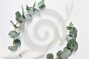 Eucalyptus leaves and ribbon frame on white background. Wreath made of leaf branches. Flat lay, top view with place for