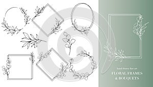 Eucalyptus Line Art. Floral Frames and Bouquets Line Art. Fine Line Eucalyptus Frames Hand Drawn Illustration