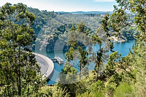 Eucalyptus trees in the hill and wild vegetation with aerial view to Cabril dam and ZÃÂªzere river, PedrogÃÂ£o Pequeno -SertÃÂ£ PORTU photo