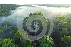 Eucalyptus trees in the morning mist, aerial view photo