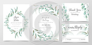 Eucalyptus wedding invitation cards template with watercolor herbs leaves decorative. Greenery floral frame save the date