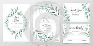 Eucalyptus wedding invitation cards template with watercolor herbs leaves decorative. Greenery floral frame save the date photo