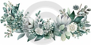 Eucalyptus and White Flower Watercolor Wreath for Invitations and Cards.