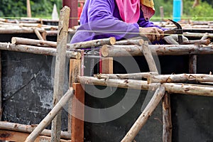 Eucalyptus wood used to support labours and blurred construction worker in the construction site.