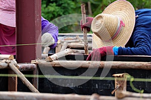 Eucalyptus wood used to support labours and blurred construction worker in the construction site.