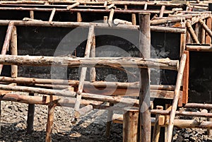 Eucalyptus wood used to support labours and material in the construction.