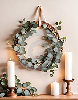 Eucalyptus wreath on a beige wall and a wooden shelf with white candles