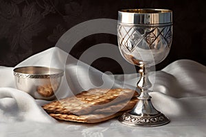 Eucharist, chalice and crackers on the table