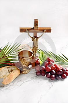 Eucharist symbol with bread  grape and cross with Jesus on bright background