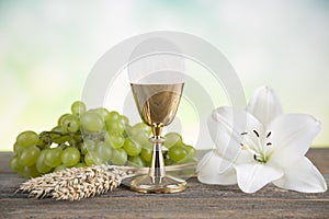 Eucharist symbol of bread and wine, chalice and host, First comm