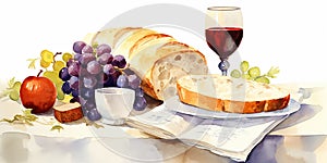 Eucharistic symbols. Lord\'s supper symbols: Bible, wine glass and bread on the table. Digital watercolor painting,