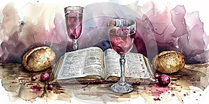 Eucharistic symbols. Lord\'s supper symbols: Bible, wine glass and bread on the table. Digital watercolor painting,