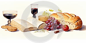 Eucharistic symbols. Lord\'s supper symbols: Bible, wine glass and bread on the table. Digital watercolor painting,