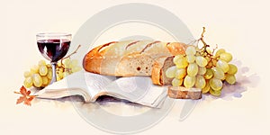 Eucharistic symbols. Lord\'s supper symbols: Bible, wine glass and bread on the table. Digital watercolor painting,
