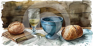 Eucharistic symbols. Lord\'s supper symbols: Bible, wine glass and bread on the table. Digital watercolor painting,