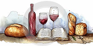 Eucharistic symbols. Lord\'s supper symbols: Bible, wine glass and bread on the table. Digital watercolor painting,