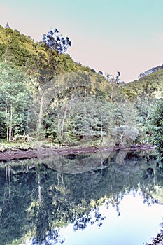 Eume river bank reflecting the trees and view of the mountainous