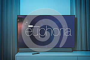 Euphoria TV series on big tv screen. Euphoria television show at home