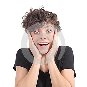 Euphoric expression of a woman with her hands on the face photo