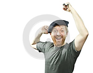 Euphoric plumber in hat with red beard