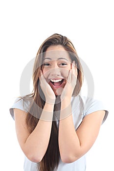 Euphoric woman expression with her hands on the face